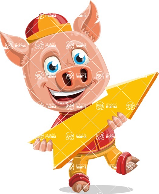 Year of the Pig Character - Vector Pig Cartoon - Year of the Pig Vector Character with Arrow